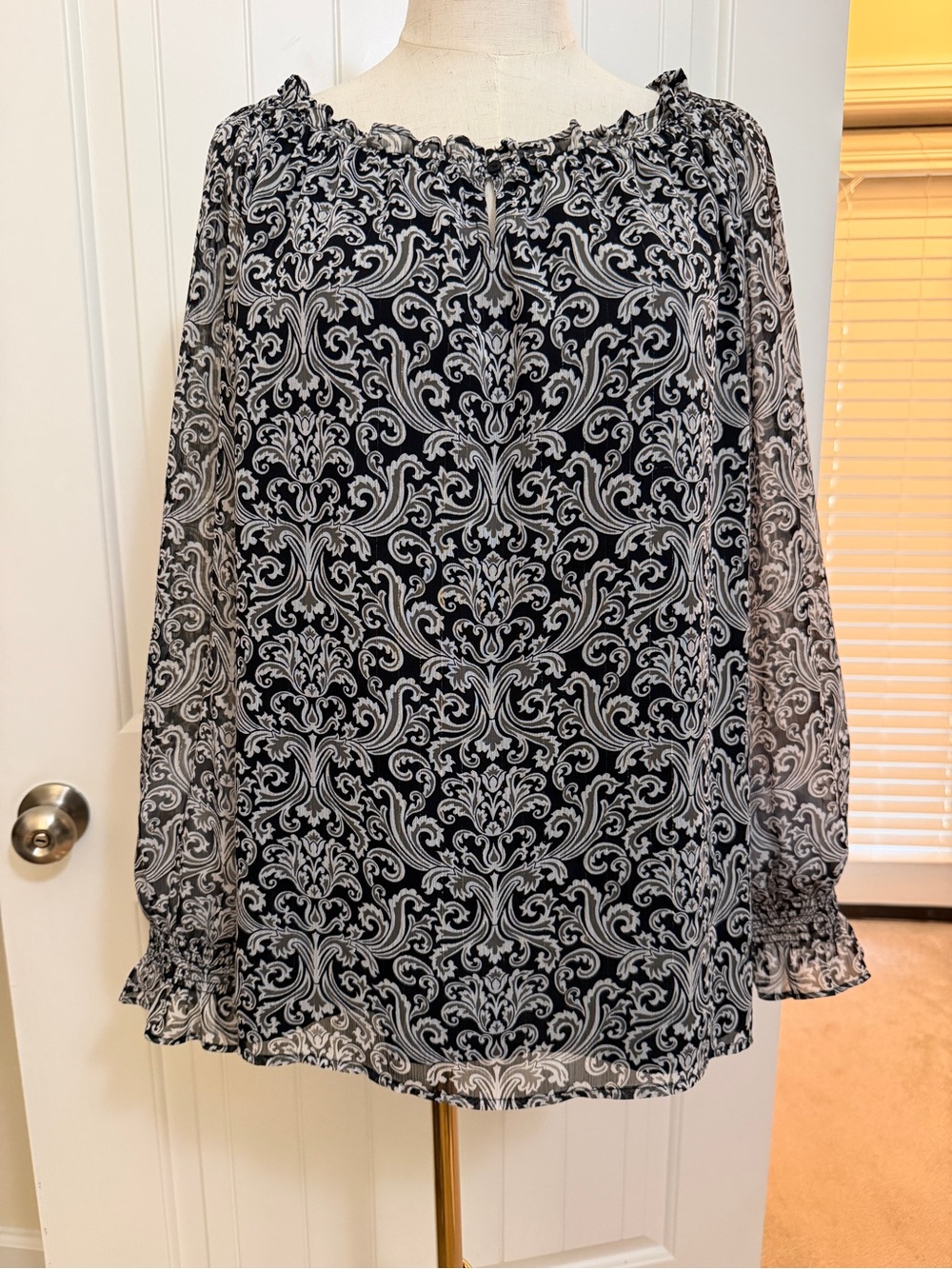 Talbots Black and White Paisley Ruffled-Neck Blouse with silver thread Sz large